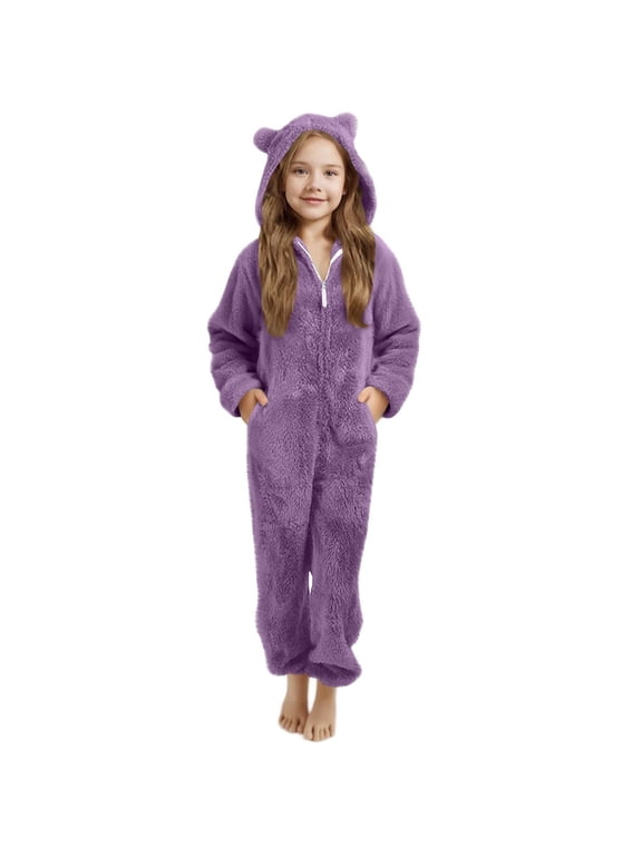 Girls Boys Bear Ear Onesie, Fuzzy Fleece Hooded Jumpsuit with Pockets, Cozy Warm Winter Sleepwear and Lounge Wear for Cold Nights