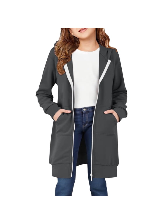 Zip Up Long 𝗛oodie for Girls Double Zipper Fleece Jacket Tuni𝗰 Sweatshirts Fall Winter Fashion Clothes with Pockets