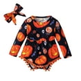 thumbnail image 1 of Mercatoo 𝐍ewBorn Baby Girls Halloween Clothes Long Sleeve Cartoon Pumpkin Print Patchwork Romper 2Pcs Baby Girl Outfits, 1 of 7