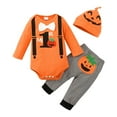 thumbnail image 1 of Mercatoo 𝐍ewborn Baby Boys Halloween Outfit with Hat My First Halloween Graphic Long Sleeve Romper Pumpkin Stripped Pants Set, 1 of 8