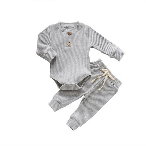 Mercatoo 𝐍ewborn Baby Girls Ribbed Knit Outfit Long Sleeve Plain Button Romper 𝐃rawstring Elastic Waist Pants Set Plain Set