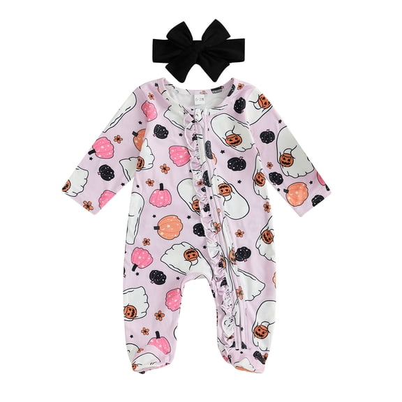 Mercatoo 𝐍ewborn Baby Halloween Pumpkin Jumpsuit Set with Headband Boys Girls Zipper Romper Cute Footless Birthday Bodysuit