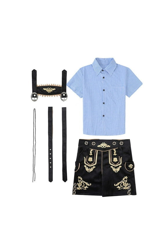 𝐎ktoberfest Outfits 3PCS Kids Boy German Bavarian Lederhosen 𝐂ostume Pants + Plaid Button Shirt + Decorate Sets