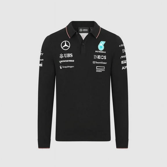 Mercedes AMG Petronas F1 2024 Men's Team Long Sleeve Knitted Polo Shirt -Black