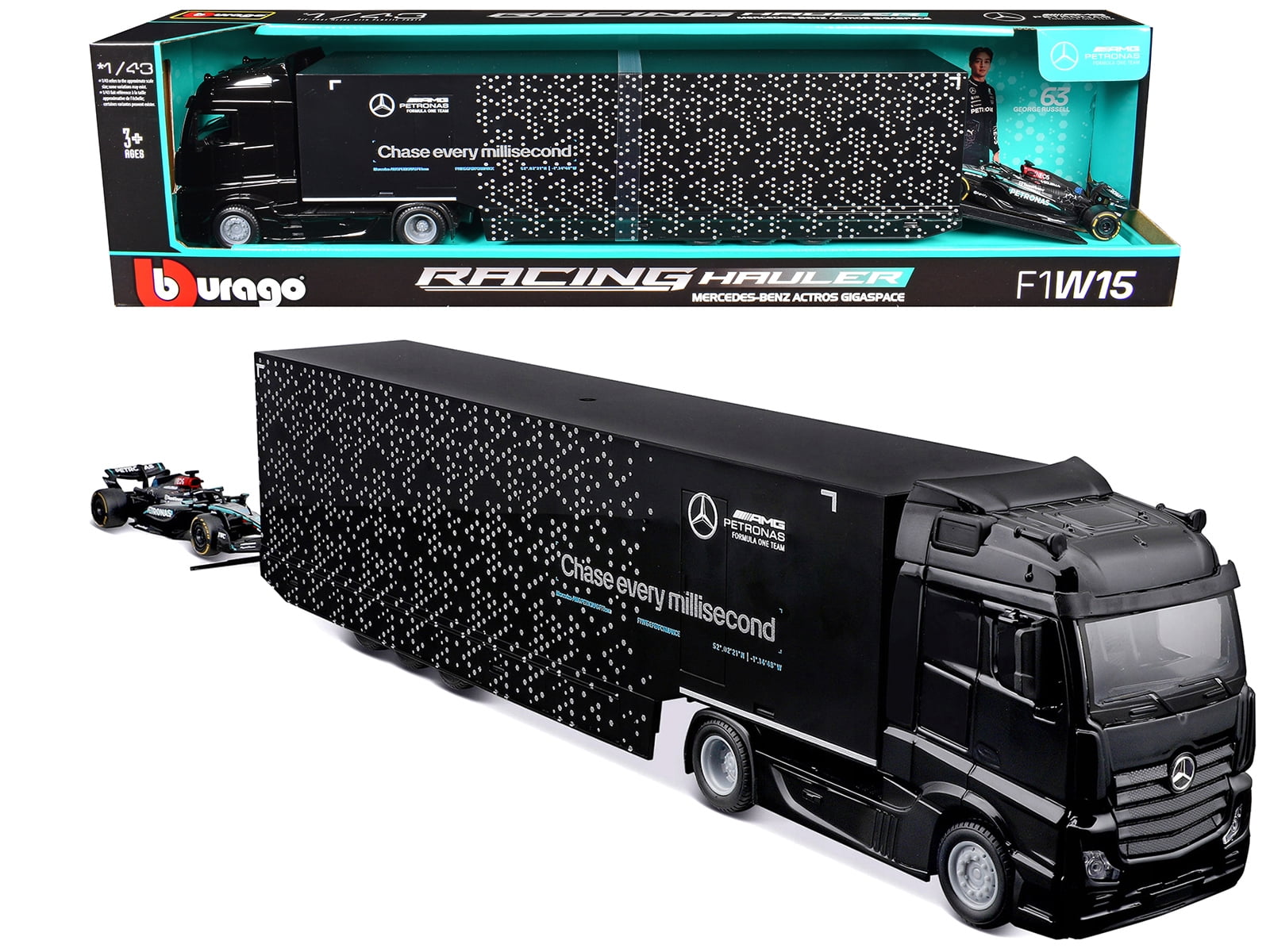 Mercedes-Benz Actros Gigaspace Car Transporter Black & Mercedes-AMG F1 #63 World Championship 1/43 Diecast Model Car by Bburago