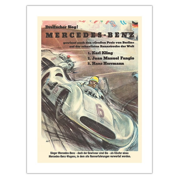 Mercedes Benz - Grand Prix of Berlin - Formula One Racing - Vintage Car Racing Poster by Hans Liska c.1954 - Bamboo Fine Art 290gsm Paper (Unframed) 12x16in