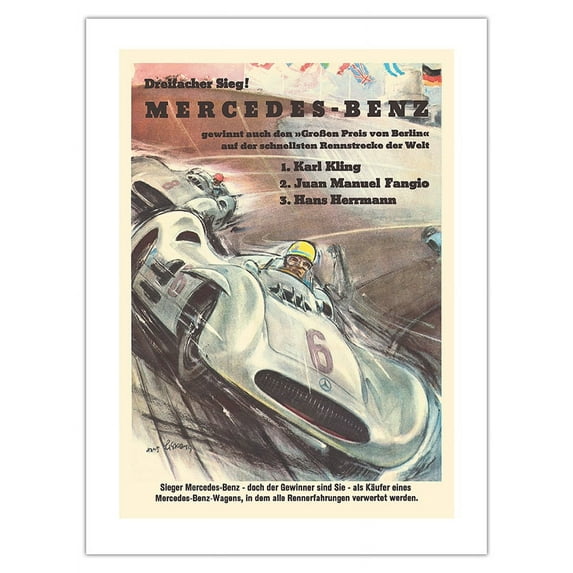 Mercedes Benz - Grand Prix of Berlin - Formula One Racing - Vintage Car Racing Poster by Hans Liska c.1954 - Fine Art Matte Paper Print (Unframed) 18x24in