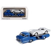 Mercedes-Benz Renntransporter Flatbed Truck Blue and 1954 Mercedes-Benz W196 #1 Silver Metallic 1/64 Diecast Model Car by Norev