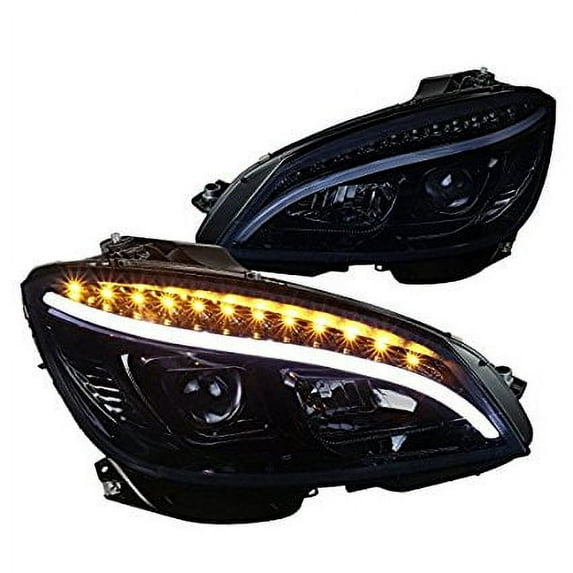 Mercedes Benz W204 C Class LED Glossy Black Projector Headlights Headlamps Pair