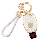 for Mercedes Key Fob Cover, 3 Buttons Soft TPU Key Fob Protector with Leather Keychain Lanyard Fit for Mercedes Benz A B C E G R S M Class AMG Smart Key Fob Case Black Gold Keychain