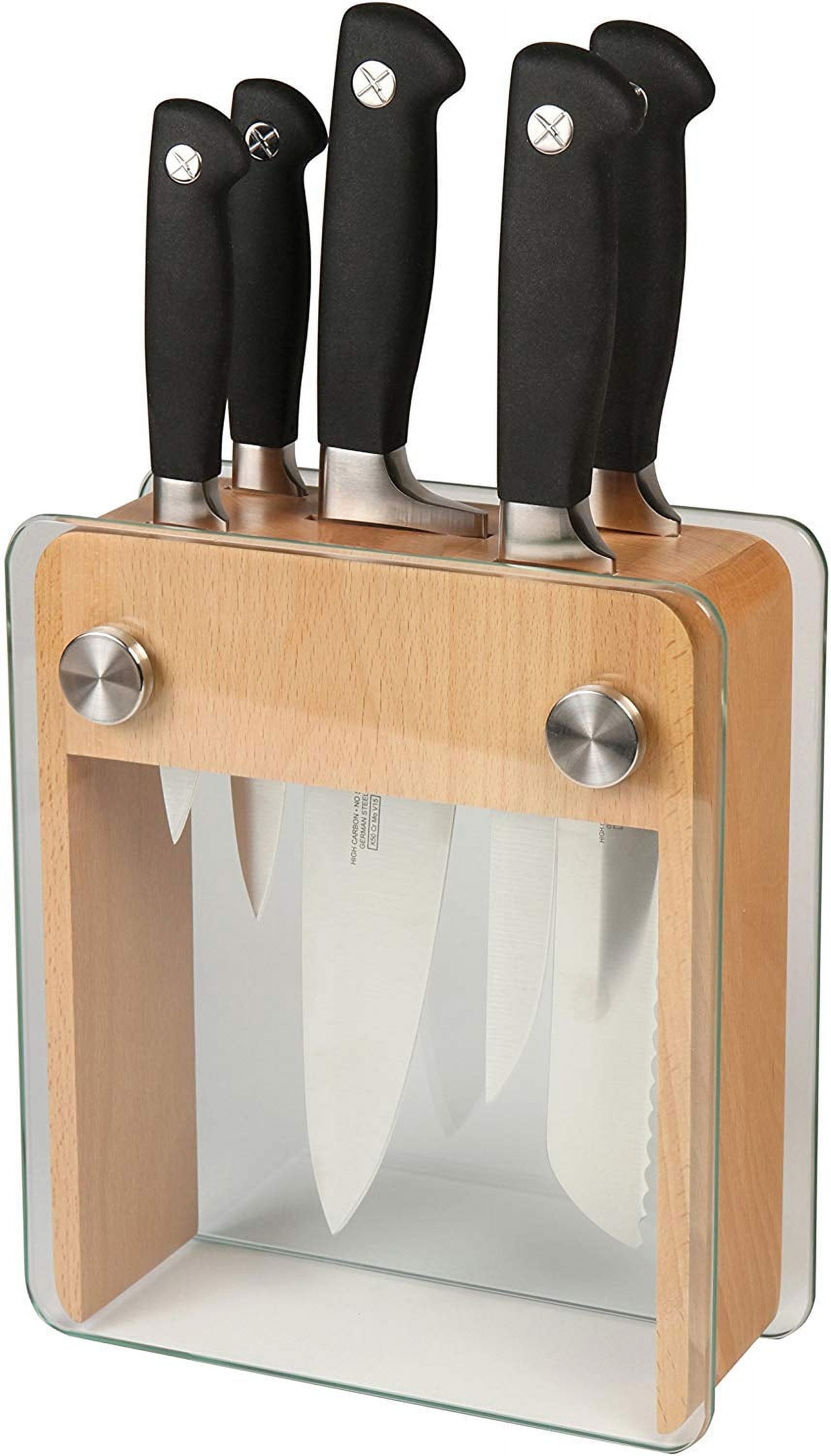 Genesis 6-Piece Black Handle Knife Set with Wood and Glass Block