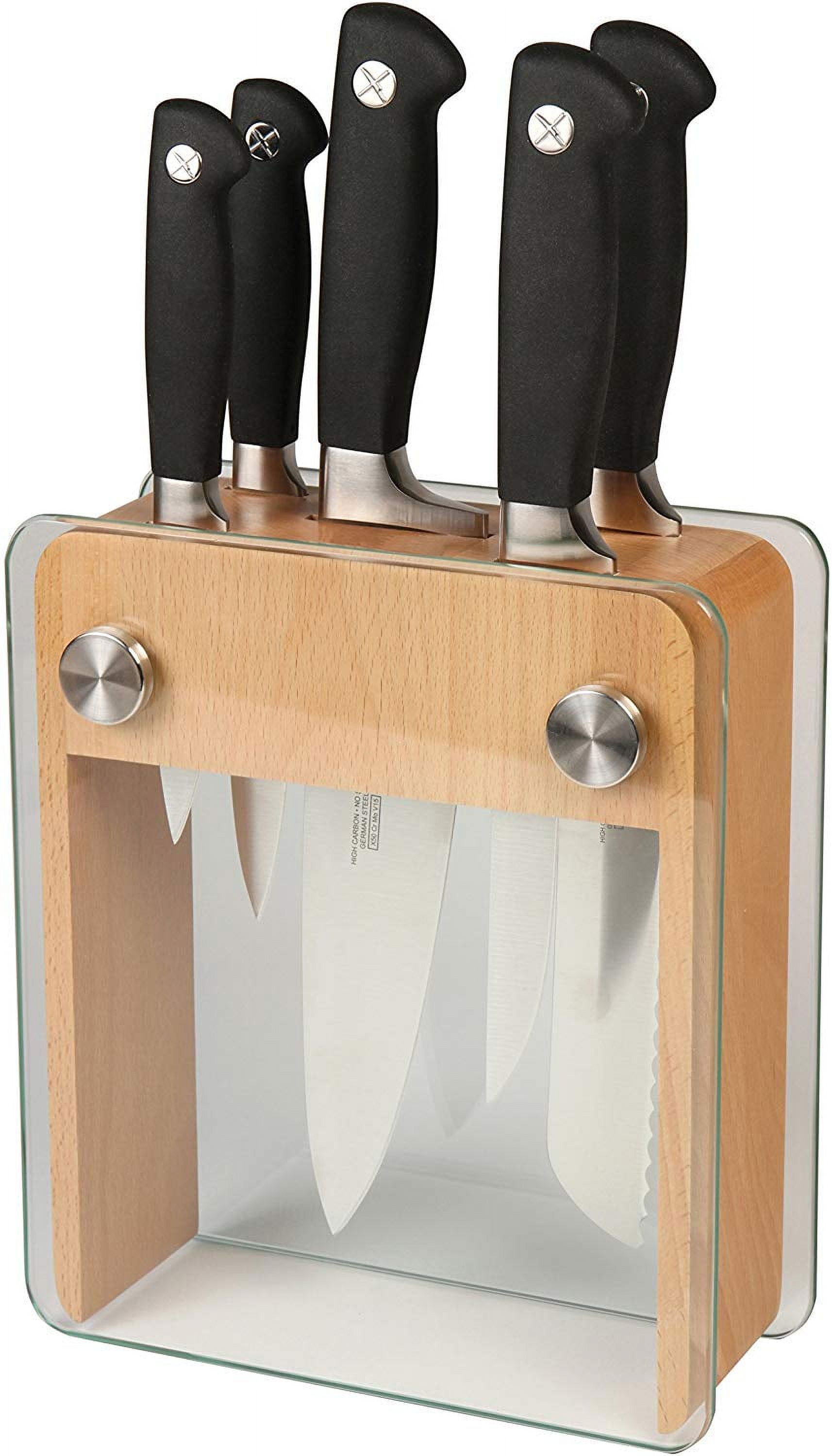 Genesis 6-Piece Black Handle Knife Set with Wood and Glass Block