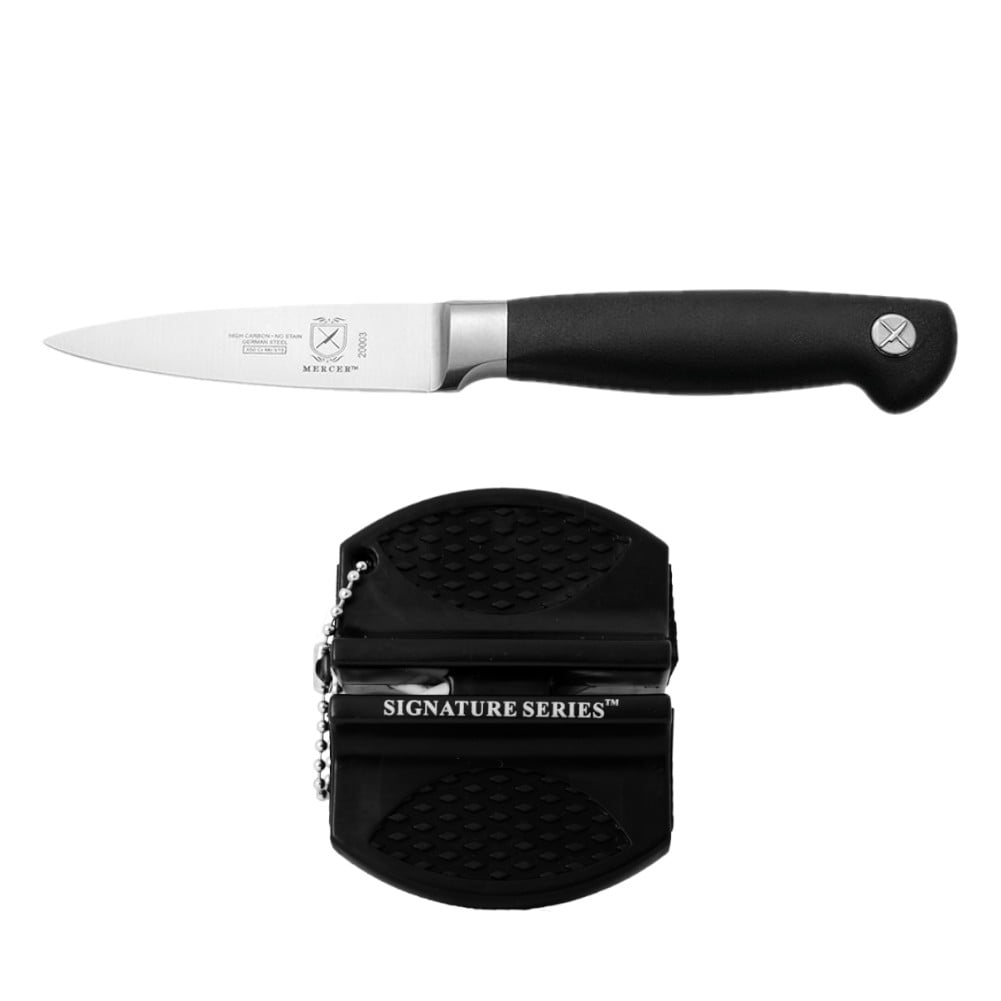 Mercer Genesis Knife Sharpener Set with Forged Peeling/Tourne Knife, 3 Inch  + Signature Series™ Portable Multi-Function Whetstone Fast Knife Sharpener  
