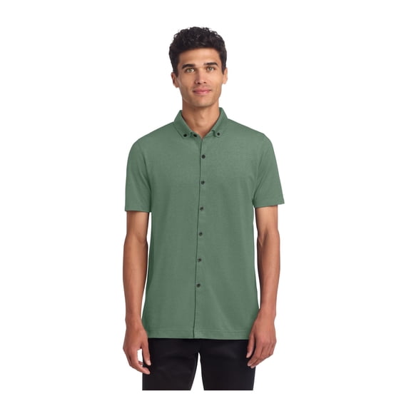 MERCER METTLE Unisex Stretch Pique Full-Button Polo | Button Down Collared Shirt for Men & Women, Business Casual Shirt - Sage Heather 3XL