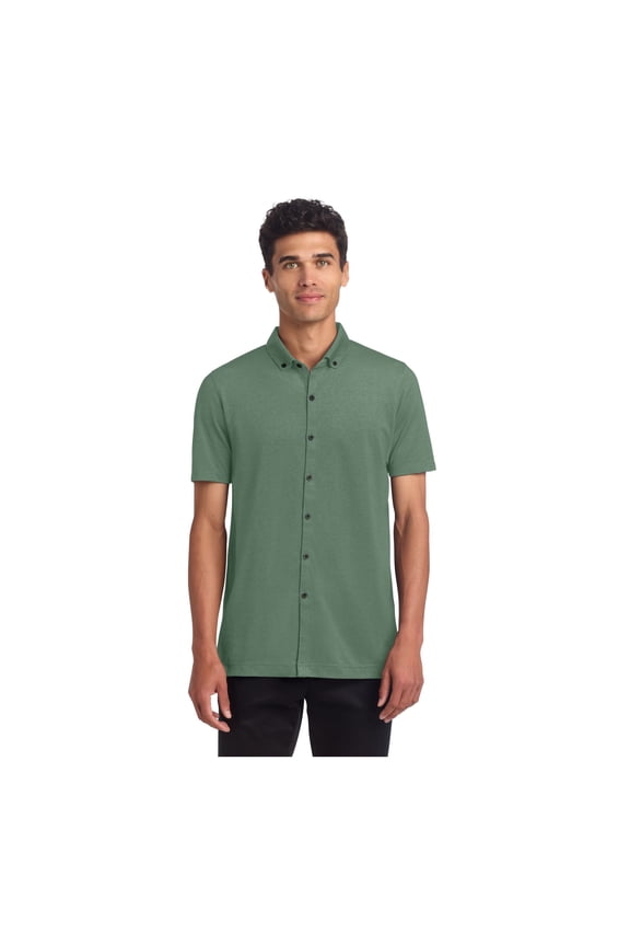 Unisex Stretch Pique Full-Button Polo | Button Down Collared Shirt for Men & Women, Business Casual Shirt - Sage Heather L