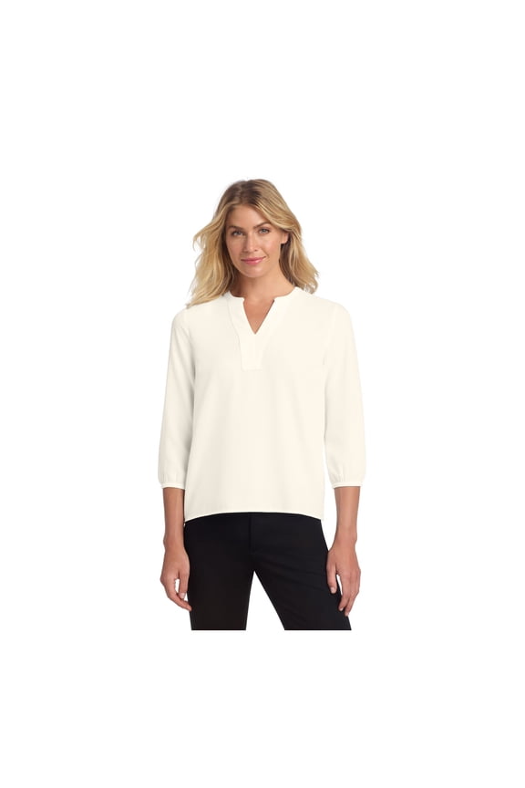 Women's Stretch Crepe 3/4-Sleeve Blouse | Women's Lightweight Dressy Top, Business Casual Shirt for Work - Ivory Chiffon L