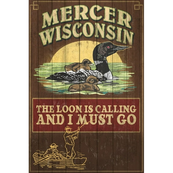 Mercer, Wisconsin, The Loon is Calling, Vintage Sign (12x18 Wall Art Poster, Room Decor)