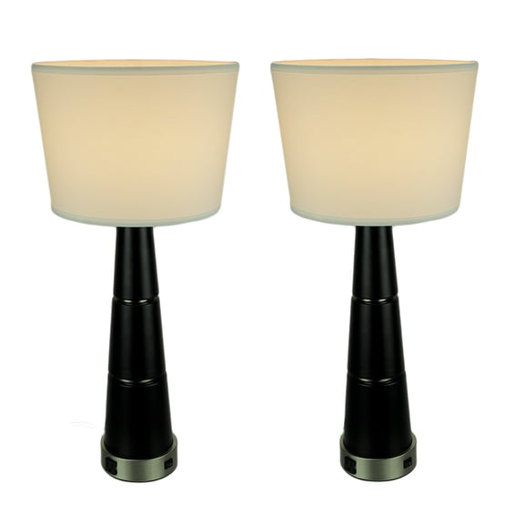 Merchandise USA Set of 2 Tapered Black Metal Table Lamps with Built-in Power Outlets
