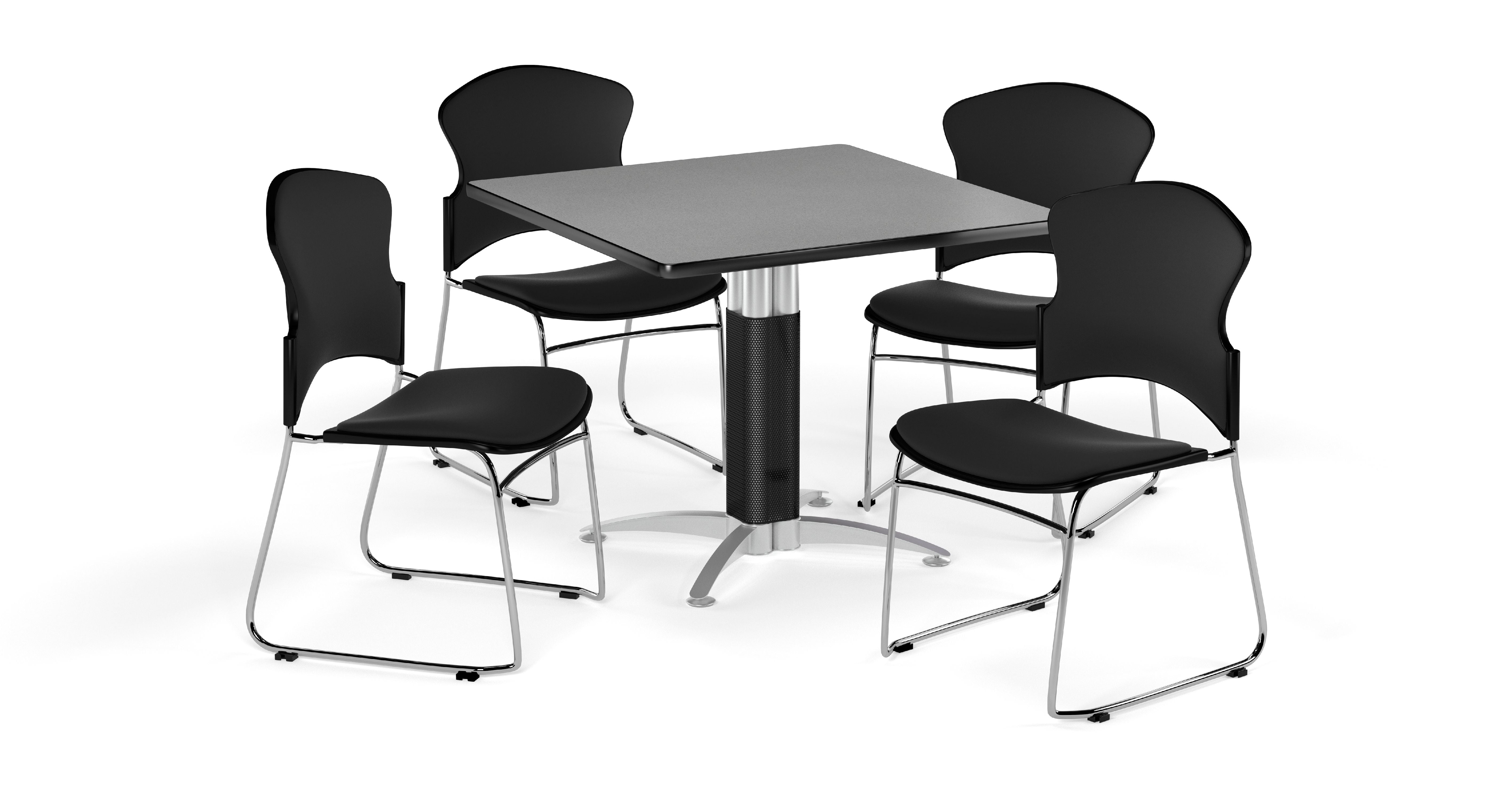 OFM Multi-Use Break Room Package, 42" Square Table with Fabric Stack Chairs, Gray Nebula Finish with Metal Mesh Base and Black Seats (PKG-BRK-048)