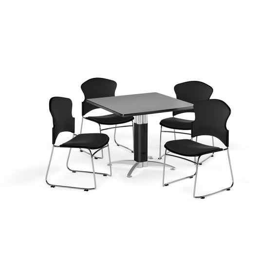 OFM Multi-Use Break Room Package, 42" Square Table with Fabric Stack Chairs, Gray Nebula Finish with Metal Mesh Base and Black Seats (PKG-BRK-048)