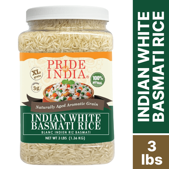 Pride Of India Naturally Aged White Basmati Rice, Extra Long Grain, 3 lbs Jar, Gluten-Free