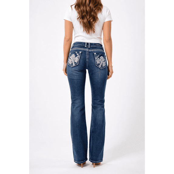 Jack David Women's Rhinestone Mid Rise Bootcut Stretchy Denim Jeans Pants (Bootcut Blue S96-pb. )