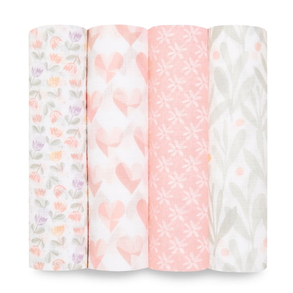 aden + anais Essentials Swaddle Blanket, 4 Pack, Piece of My Heart
