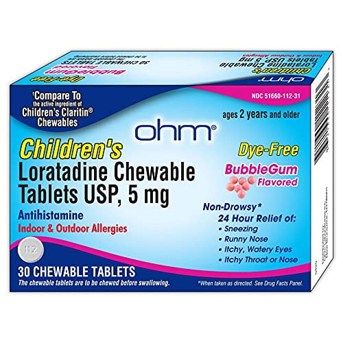 OHM Children’s Loratadine Chewable, Dye Free, Bubblegum, Non-Drowsy 24h Relief of Sneezing, Runny Nose, Watery Eyes, Itchy Throat or Nose, Antihistamine, Indoor & Outdoor Allergies, 5mg, 30 Tablets