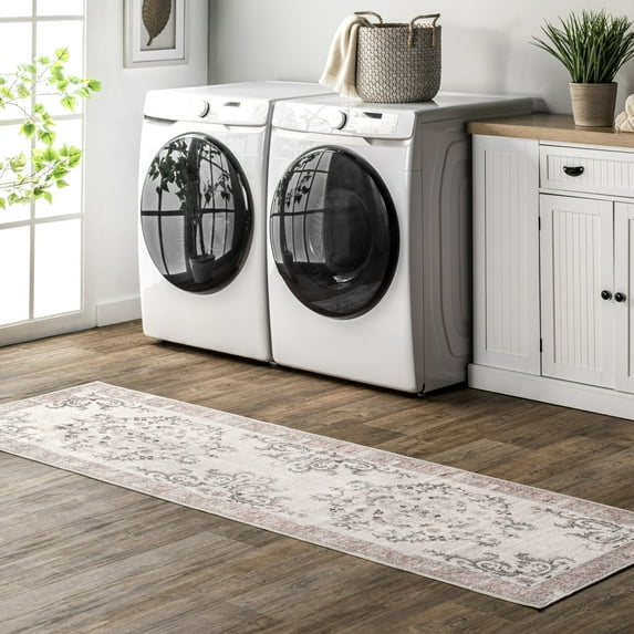 nuLOOM Layna SpinClean Machine Washable Distressed Vintage Area Rug, 2' 6" x 8', Runner, Layna Light Grey