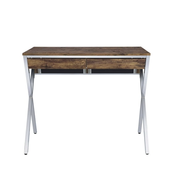 Desk in Weathered Oak & Chrome - Paper Veneer, Metal Weathered Oak & Chrome