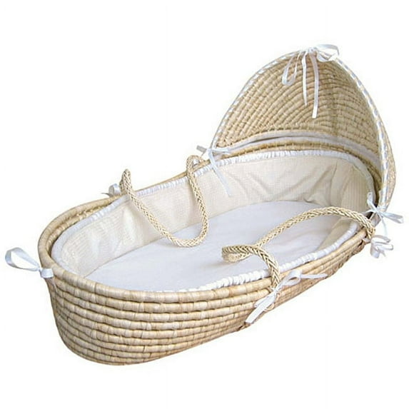 Natural Hooded Moses Basket with Ecru Waffle Bedding