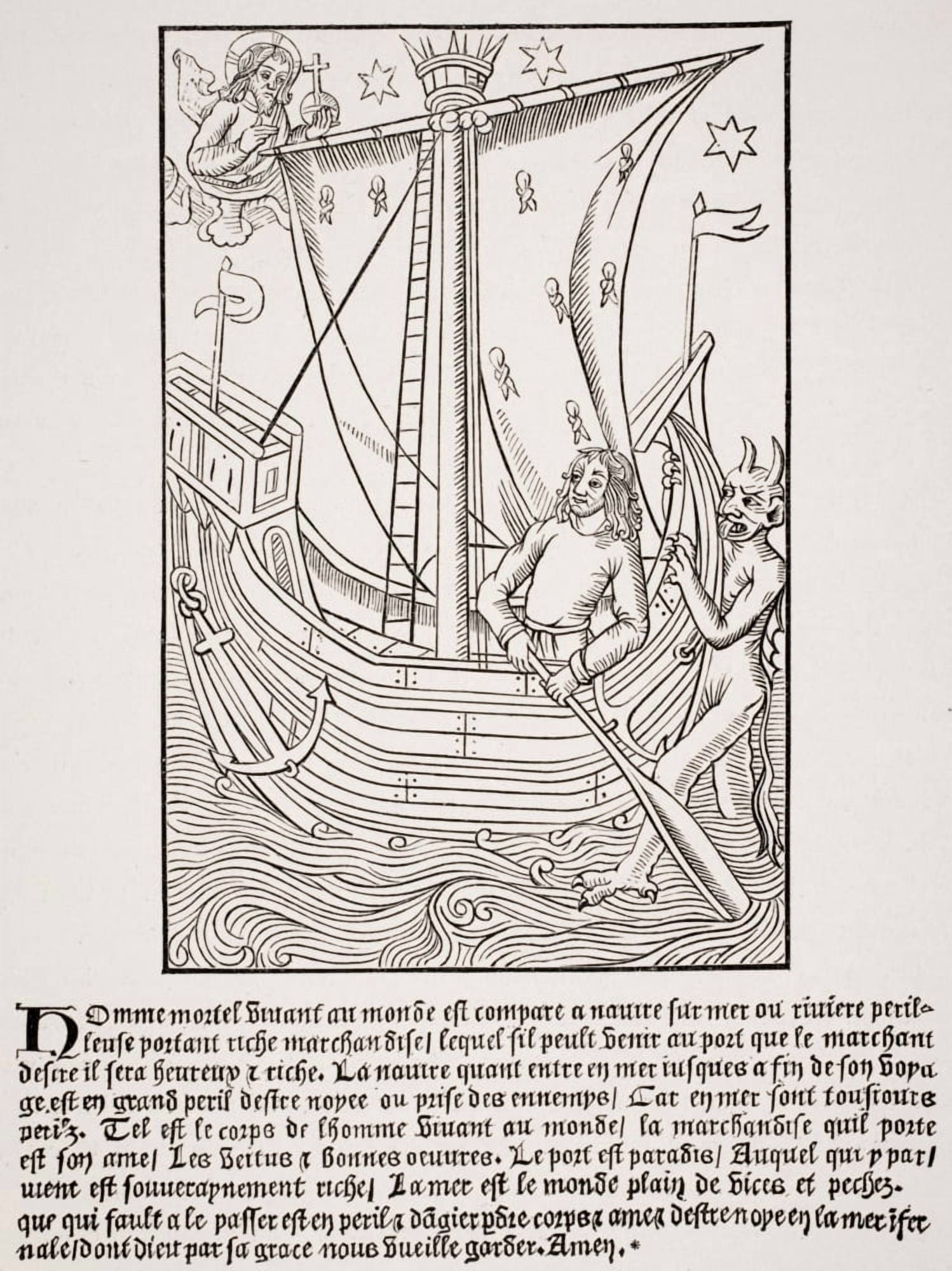 Merchant Vessel In A Storm Facsimile Of Woodcut In Grand Kalendrier Et Compost Des Bergers By Nicolas De Rouge Printed Circa 1490 Canvas Art - Ken Welsh Design Pics (24 x 32)