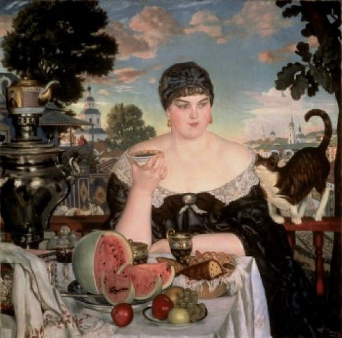 Merchants Wife Having Tea 1918 Boris Mihajlovic Kustodiev 1878-1927 Russian Russian State Museum St Petersburg Canvas Art - Boris Mihajlovic Kustodiev (24 x 36)