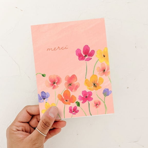 Merci Greeting Card, Watercolor Floral Design, Thank You Note, Soft Pink with Colorful Wildflowers, Artistic Botanical Stationery for Any Recipient