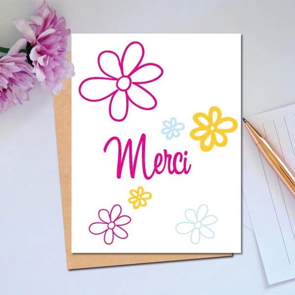 Merci Greeting Card with Flower Design – Perfect for Thank You Messages – Envelope Included, Blank Inside – Ideal for Friends, Family or Any Occasion