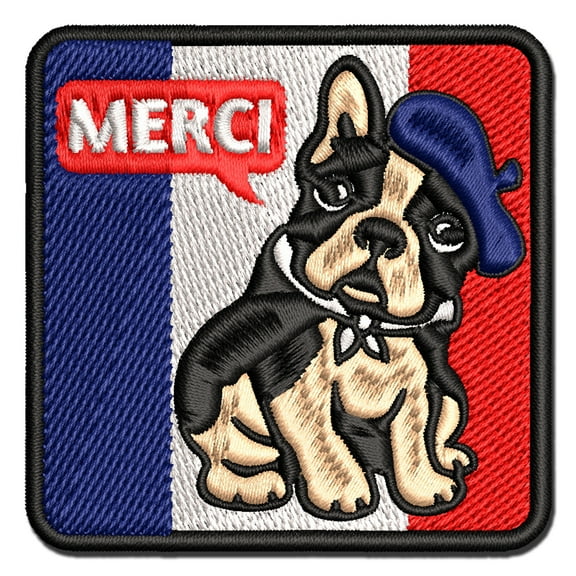 Merci Thank You French Bulldog With Beret and Bandana Applique Multi-Color Embroidered Iron-On Patch - 2.0 Inch Mini