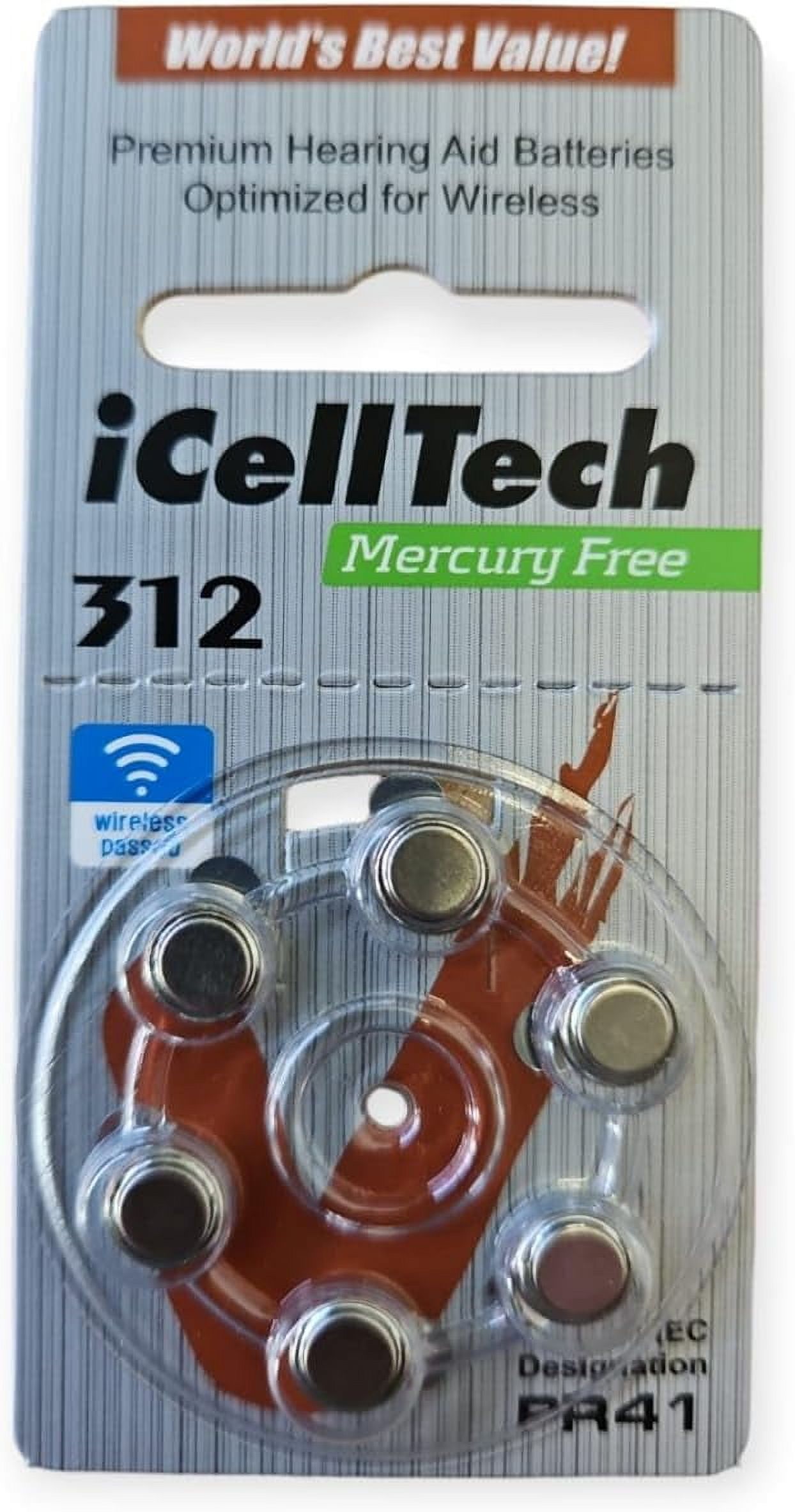 Mercury Free Hearing Aid Batteries Size 312 (60 Batteries) + Battery