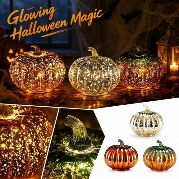 Mercury Glass Lighted Pumpkin Decor, LED Light Up Crackle Glass Pumpkin Lamp, Battery Operated Fall Halloween Thanksgiving Tabletop Centerpiece Decor