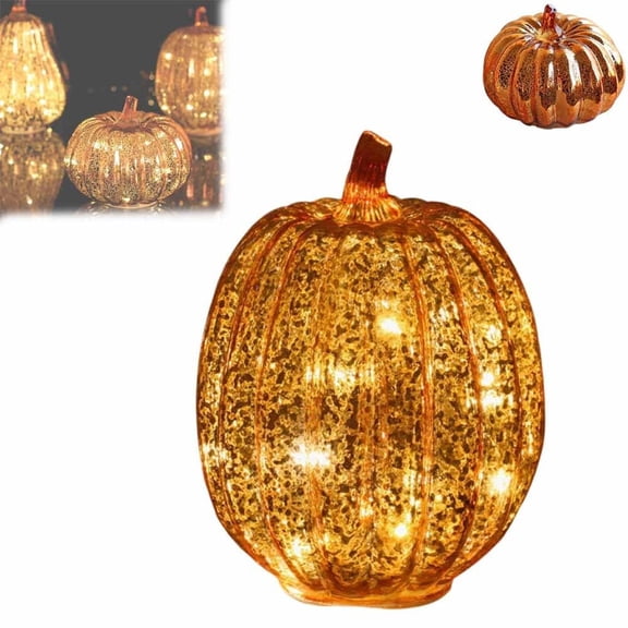 Mercury Glass Lighted Pumpkin Tabletop Decoration, LED Glowing Round Pumpkin Lamp for Halloween Fall Harvest Home Party Shelf Decor