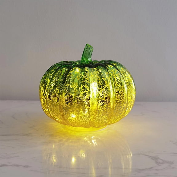 Mercury Glass Pumpkin with Lights and Timer for Tabletop Halloween Thanksgiving Autumn Decorations, Glass Pumpkins Lights for Fall Home Holiday Decor.Green