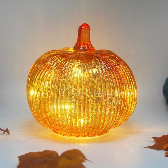 Mercury Glass Pumpkin Lights with Timer, Battery Operated Led Pumpkin Lights for Halloween Fall,Thanksgiving Rustic Decor (Rosegold Leafy, 11")