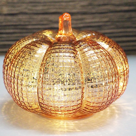 Mercury Glass Pumpkin Lights with Timer, Battery Operated Led Pumpkin Lights for Halloween Fall,Thanksgiving Rustic Decor (Rosegold Leafy, 11")