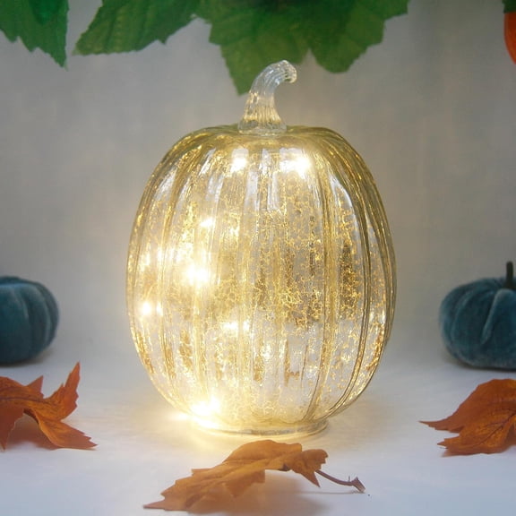 Mercury Glass Pumpkin Lights with Timer, Battery Operated Led Pumpkin Lights for Halloween Fall,Thanksgiving Rustic Decor (Rosegold Leafy, 11")