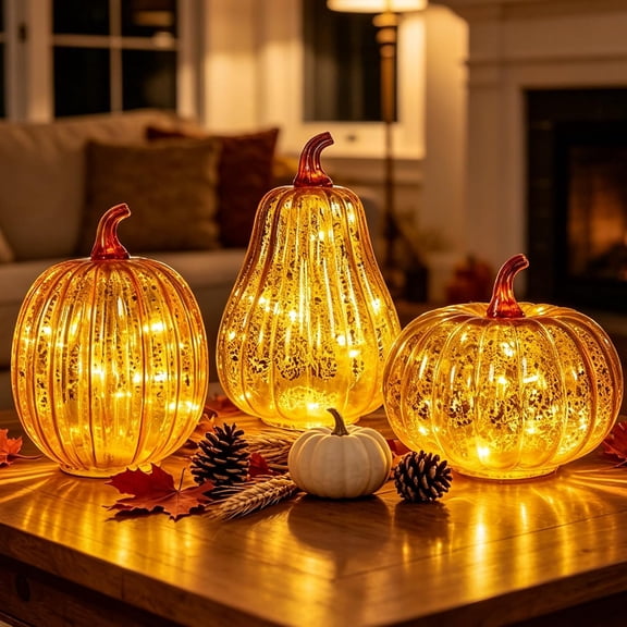 Mercury Glass Pumpkin Lights with Timer, Twinkling Light Up Pumpkins, Autumn Harvest Ornaments for Office, Living Room & Porch Display (1Pcs)
