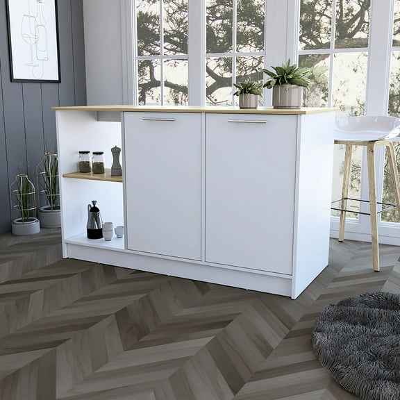 Mercury Kitchen Island: Spacious Countertop, 2 Open Shelves & Double Door Cabinets - Modern Furniture Countertop Island With Abundant Space, Must-have