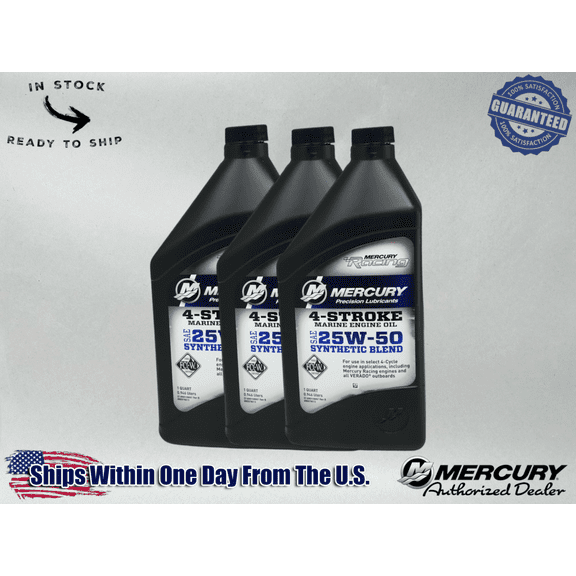 Mercury OEM 25W50 Hi Performance Semi-Synthetic Oil Quarts 92-8M0078013 3 Pack