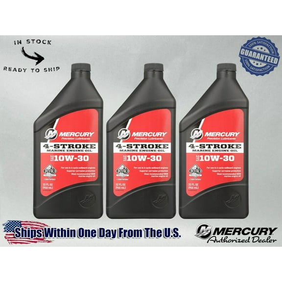 Mercury OEM SAE 10W-30 Mineral 4-Stroke Marine Engine Oil Quart 8M0078625-3PACK
