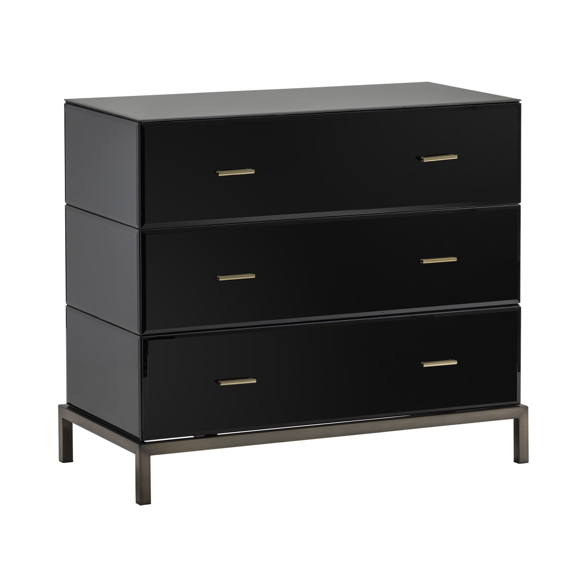 Mercury Black Glass 3-Drawer Chest with Antique Brass Pulls