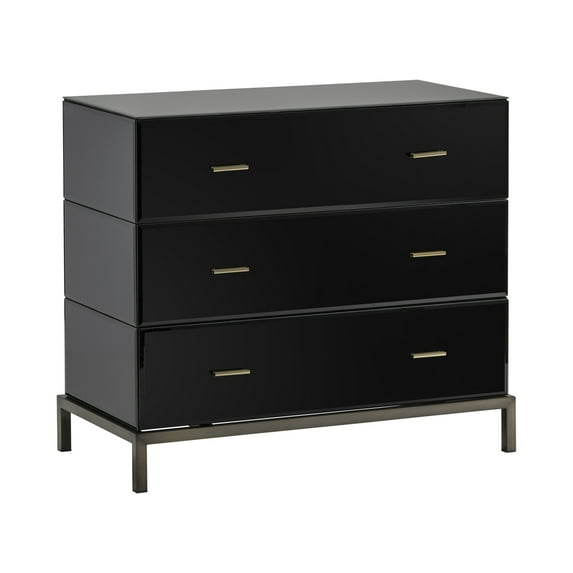 Mercury black glass and antique drass 3 drawer chest
