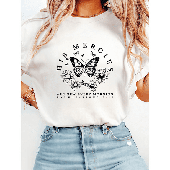 Mercy Renewed Daily Morning Lettering Print Tshirts Bible Verse Faith Inspired Graphic Tees Classic Crew Neck Shirts Casual Tops for Daily Outfits White,5XL